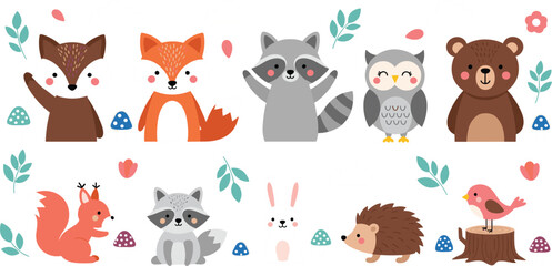 Fototapeta premium Adorable Woodland Animal Sticker Set Featuring Fox, Bear, Raccoon, Owl, Squirrel, Rabbit, Hedgehog, and Bird for Kids' Design