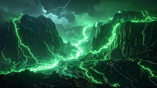 Dramatic Lightning Storm Over Mountainous Landscape with Green Lightning Bolts.