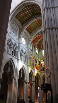 Sacred art and stained glass inside Spanish church