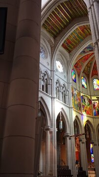 Artistic stained glass windows inside historic church