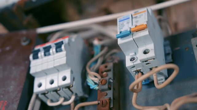 Modern Circuit Breakers Installed in Old Electrical Panel. Close-Up Shot. Home Wiring Renovation and Upgrade