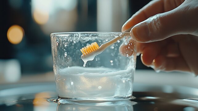 Person cleaning toothbrush in glass of cleaning solution