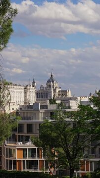Panoramic view of Madrid city with historic palace Spain