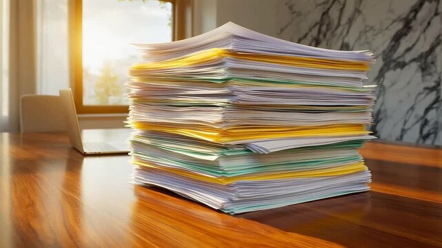 Pile of colorful papers on wooden desk