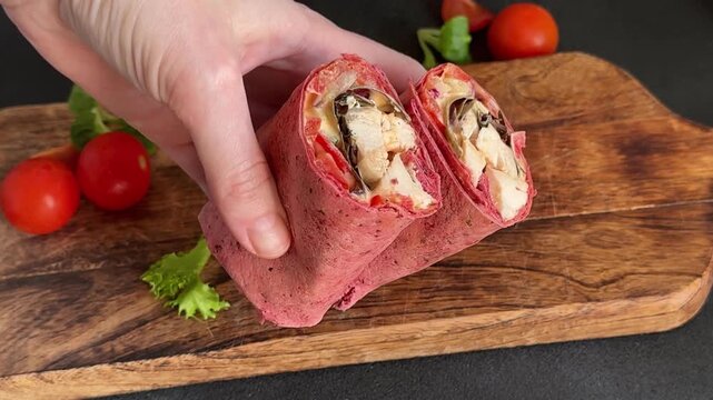 Shawarma wrap chicken and vegetables pink lavash doner kebab tasty snack fresh gourmet food background on the table rustic food top view copy space dark background marketing concept photo
