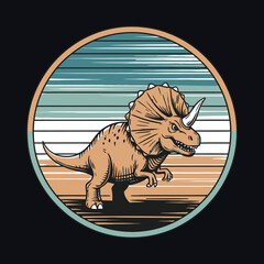 A cartoon triceratops dinosaur in a circular frame with colorful stripes tshirt design © MdAnisul