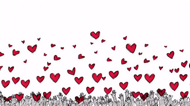Romantic love theme for Valentines Day. A vibrant and whimsical scene of a crowd of people, each holding a heartshaped object in their hands, against a white background.