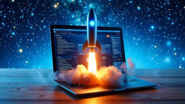 Laptop with rocket launch in space