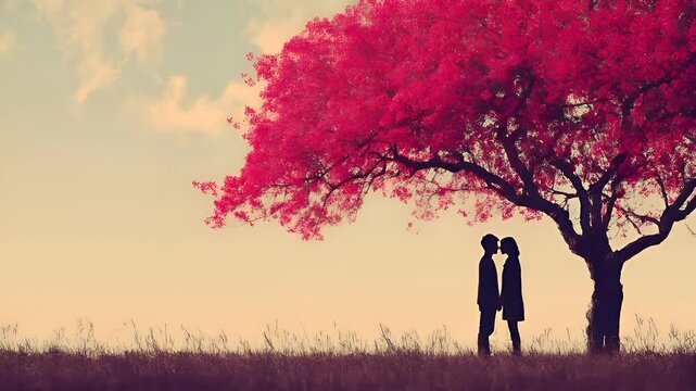 Lovely couple romantic moment. Valentines Day. Two silhouetted figures, likely a couple, standing under a tree with vibrant red leaves against a backdrop of a clear blue sky.