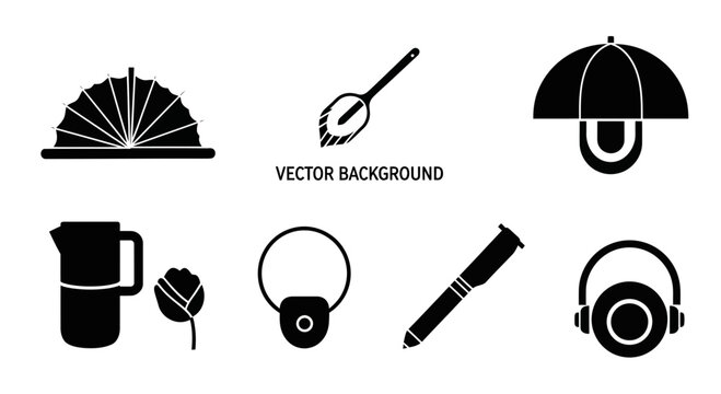 Collection of black icons representing various objects and activities.