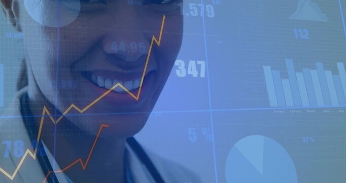 Female MD wearing stethoscope smiling while camera rising and medical charts animating over face