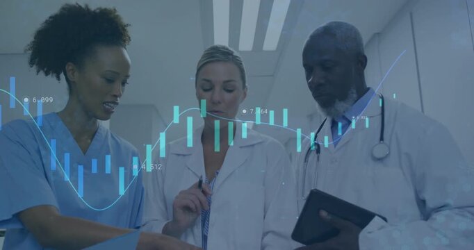 Nurse pointing clipboard, MDs consulting patient data in corridor, candlestick overlay guiding plan