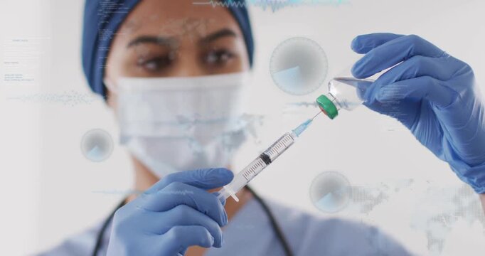 Female medical clinician pressing needle into green stopper and preparing dose, AR overlays growing