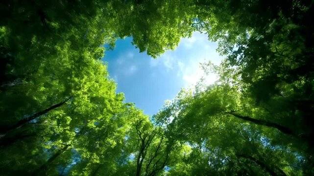Romantic love theme for Valentines Day. A breathtaking view of a forest canopy with lush green leaves and a bright blue sky, captured from a low angle, looking up at the canopy.