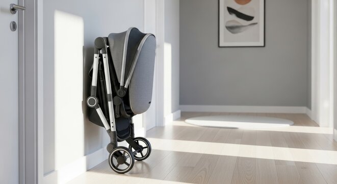 Folded Stroller Leaning Against a Wall.