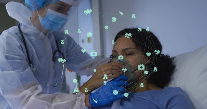Nurse reaching bed placing oxygen mask adjusting tubing ensuring air faint medical icons overlaying