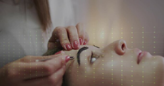 Pro placing finger pulling skin taut microblading brows in spa green waveform guiding defining arch