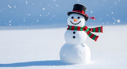Fototapeta premium Christmas traditional snowman with hat and scarf on a snow background