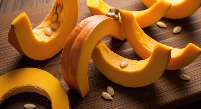 Freshly Cut Pumpkin Slices on Wooden Surface.