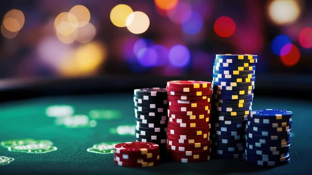 Stacks of poker chips of varying heights on a blurred background of a poker table, bokeh, casino, luxury, Las Vegas, wealth, gambling addiction, game
