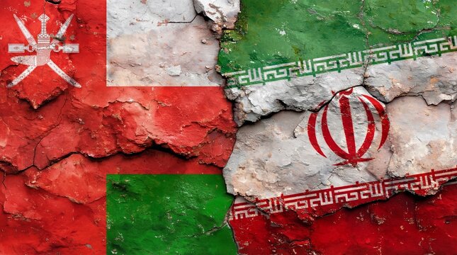 Torn Oman and Iran flags on cracked plaster wall, symbolizing strained relations