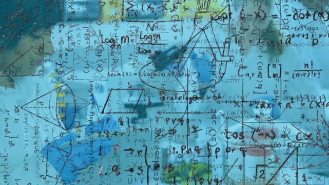 Cam panning back revealing lead scientist leaning at lab bench math overlay guiding microscope work