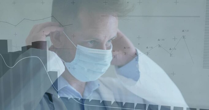 Dr entering reaching for mask, hooking loops, molding nose for safety as graphs slide across face