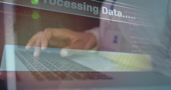 Clinician typing on laptop, initiating processing data overlay with progress bar, updating records
