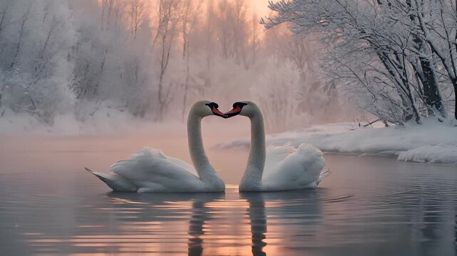 Romantic love theme for Valentines Day. Two white swans gracefully swimming in a tranquil lake at sunset, surrounded by snowcovered trees and illuminated by the warm, golden light of the setting sun.