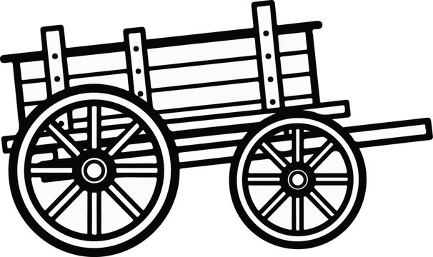 A simple, black and white line drawing of an old-fashioned horse-drawn wagon