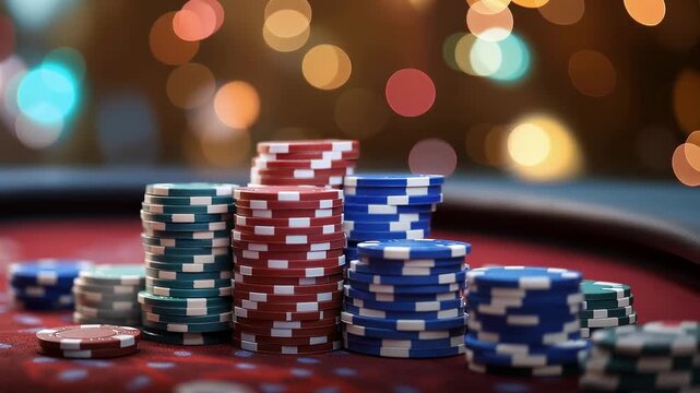 Stacks of poker chips of varying heights on a blurred background of a poker table, bokeh, casino, luxury, Las Vegas, wealth, gambling addiction, game