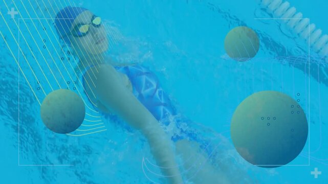 Swimmer starting backstroke, extending arm by lane rope, practicing sports with graphic overlays
