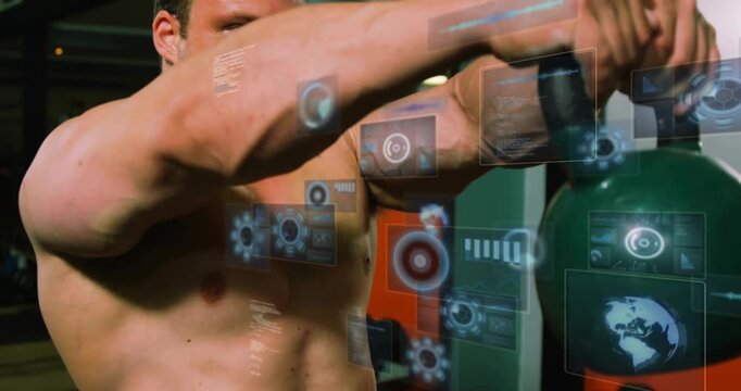 Man in gym gripping green kettlebell and raising it for fitness, HUD graphics highlighting form