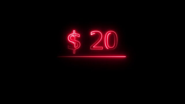 20 Dollar counting neon sign animation on dark background. Glowing twenty dollars icon Finance and Currency Concept 4k video.