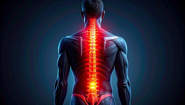 A medical illustration of the human back highlighting the spine in red, surrounded by semi-transparent blue musculature and skeletal structures, symbolizing spinal health, pain, inflammation, and anat