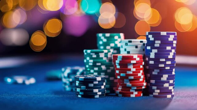 Stacks of poker chips of varying heights on a blurred background of a poker table, bokeh, casino, luxury, Las Vegas, wealth, gambling addiction, game