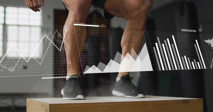 Male athlete approaching plyo box, bending knees and exploding upward, HUD updating fitness metrics