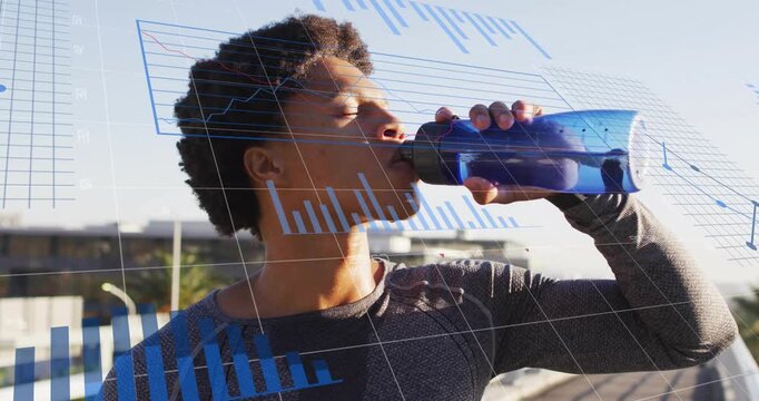 Man getting thirsty sipping checking bottle capping gazing blue charts tracking health hydration