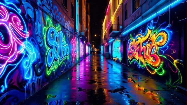 Colorful graffiti alley at night