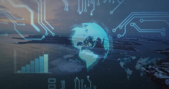 Cyan globe appearing over sea at start, rotating clockwise with HUD animating, showing coastal data