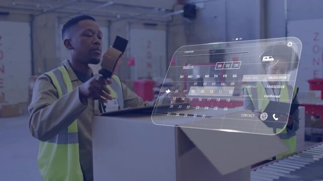 Vertical video: Sealing packer in vest using tape gun in warehouse as AR calendar showing order OK