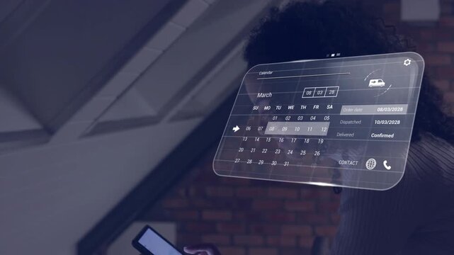 Woman tapping tablet, holographic calendar highlighting date and updating order status to confirmed