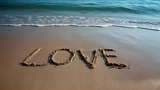 Romantic love theme for Valentines Day. A beach with the word love written in the sand. The sun casts a golden hue over the scene, reflecting off the water and creating a shimmering effect.