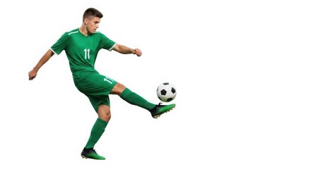 Obraz premium A soccer player in green uniform kicking a soccer ball