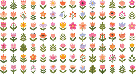 Large collection of cute flat vector floral elements with colorful flowers and green leaves for pattern design