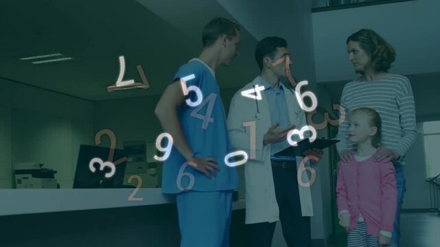 Vertical video: Floating numbers appearing doctor in coat explaining tests at clinic with clipboard