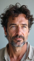 Fototapeta premium Middle-aged man with curly hair and blue eyes looks forward with neutral expression. He has stubble and is wearing a casual button-up shirt. The background is a plain gray wall.