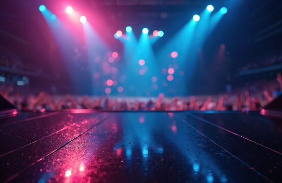 Concert stage with blue and pink lights reflecting on wet surface. Blurred audience raises hands enjoying music performance. Dynamic live show atmosphere.