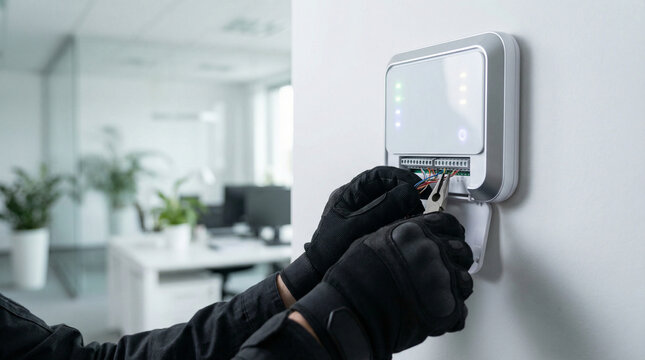 Technician installing security alarm system panel on office wall. Electrician connecting wires for safety protection device. Building automation and smart surveillance maintenance concept.