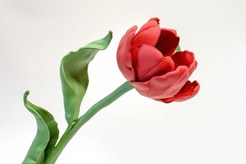 Cute clay red tulip with green leaves plasticine flower isolated on white background playful design